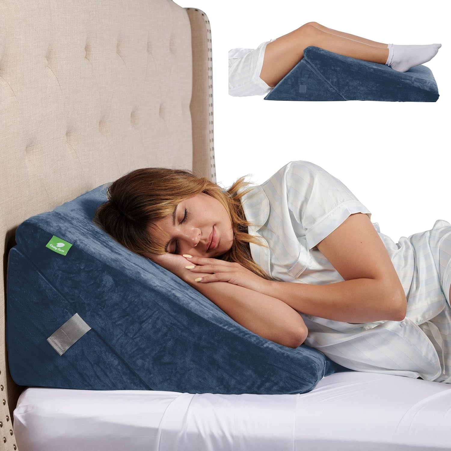 Memory Foam Wedge Pillow for Sleeping Reading Post Surgery Leg Elevation Triangle Pillow with Washable Cover Blue
