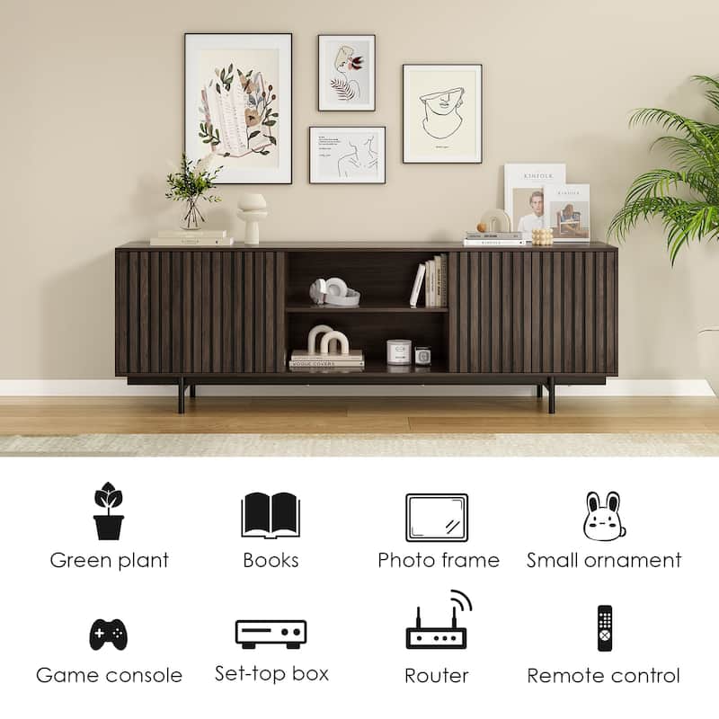 Retro Wooden TV Stand for TVs Up to 75", Fluted Media Cabinet with Storage and Shelf