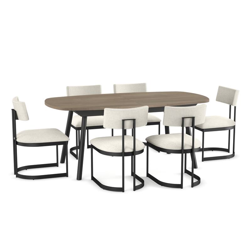Amisco Gibson Table and Lucio Chairs 7-Piece Dining Set - Light Beige Top / Light Grey-Beige / Black Metal