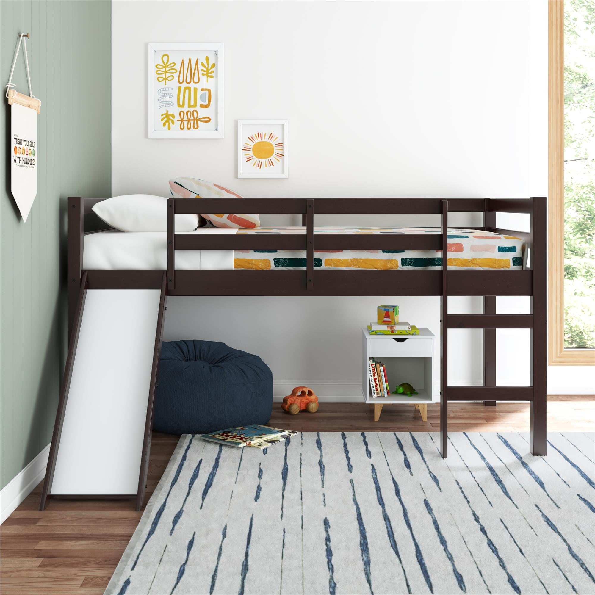DHP Milton Kids' Low Loft Bed with Slide, Twin, Brown On Sale