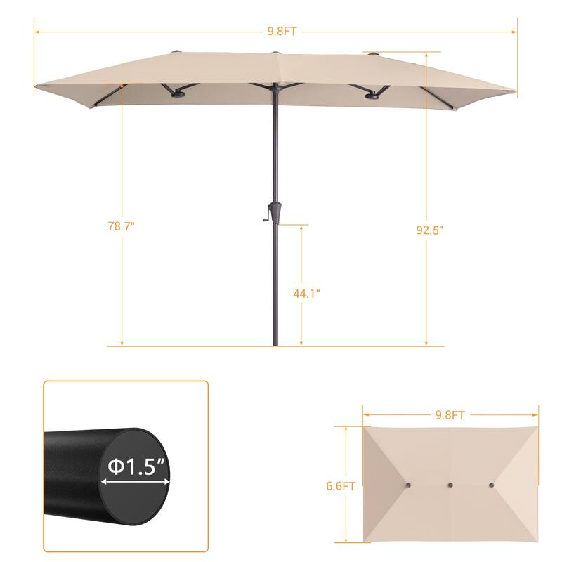 LIVOOSUN 11x7/10x6.5Ft Large Double-Sided Rectangular Outdoor Patio Market Umbrella with Crank, Gray