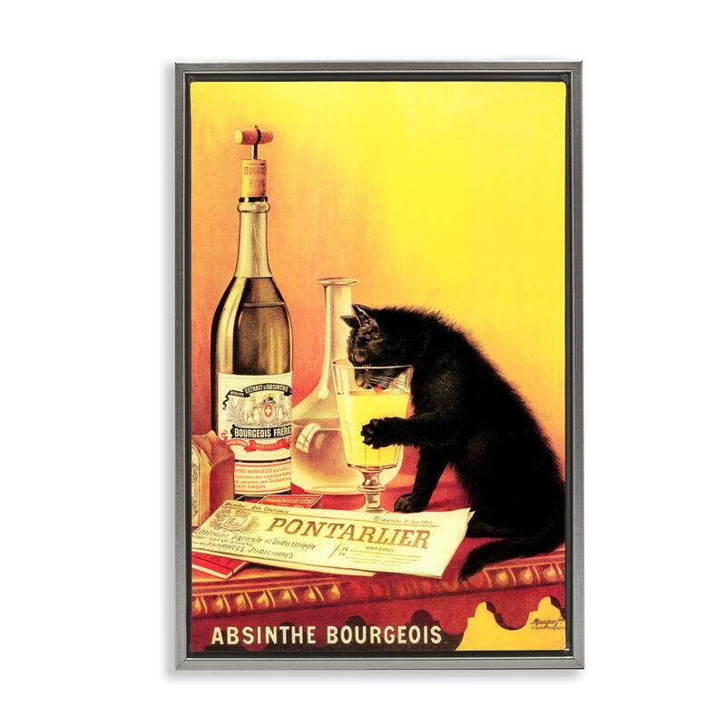 Stupell Vintage Cat & Absinthe Framed Floater Canvas Wall Art Design By Marcus Jules - 21 x 31 - Grey