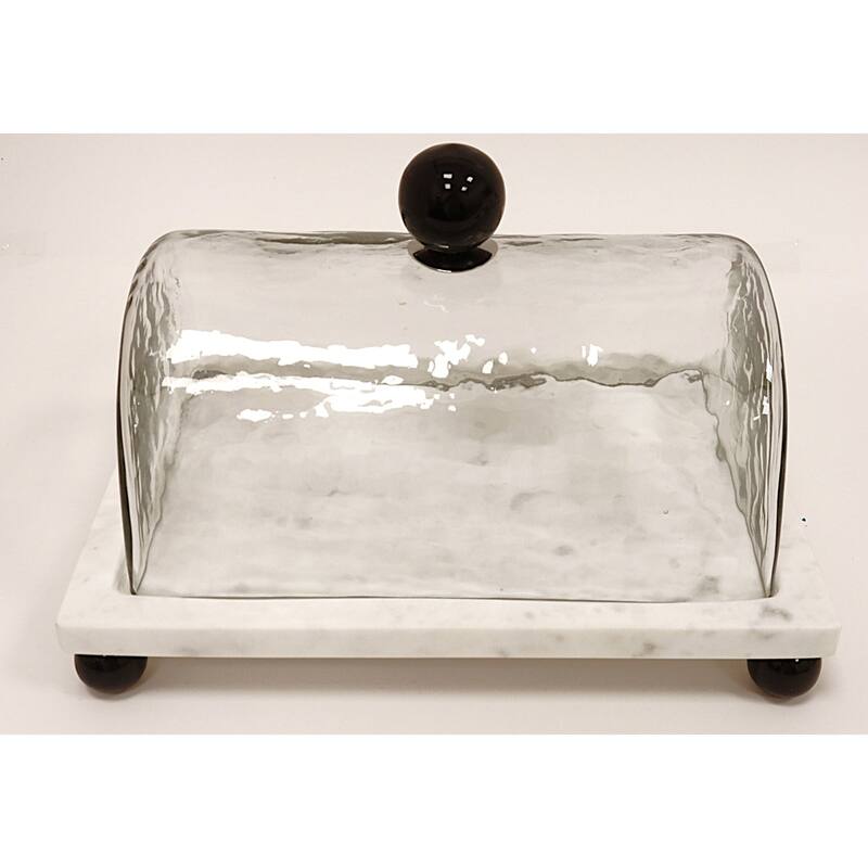 Marble Cake Plater with Glass Cover with Clear Ball Knob - 10.4"L - Black Knob