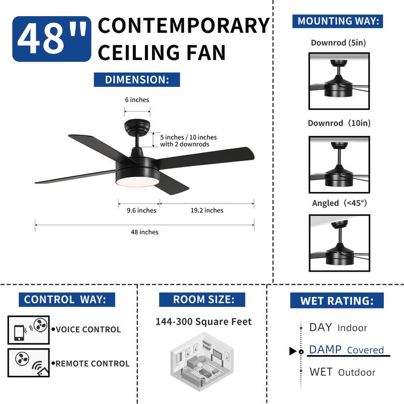48 Inch 4 Blades Ceiling Fans with Light and Remote Control & App Control