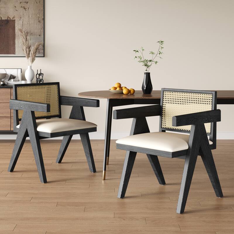 Farmhouse Kitchen Chairs Set of 2, Rattan Back Upholstered Arm Chairs - Black Natural Grey