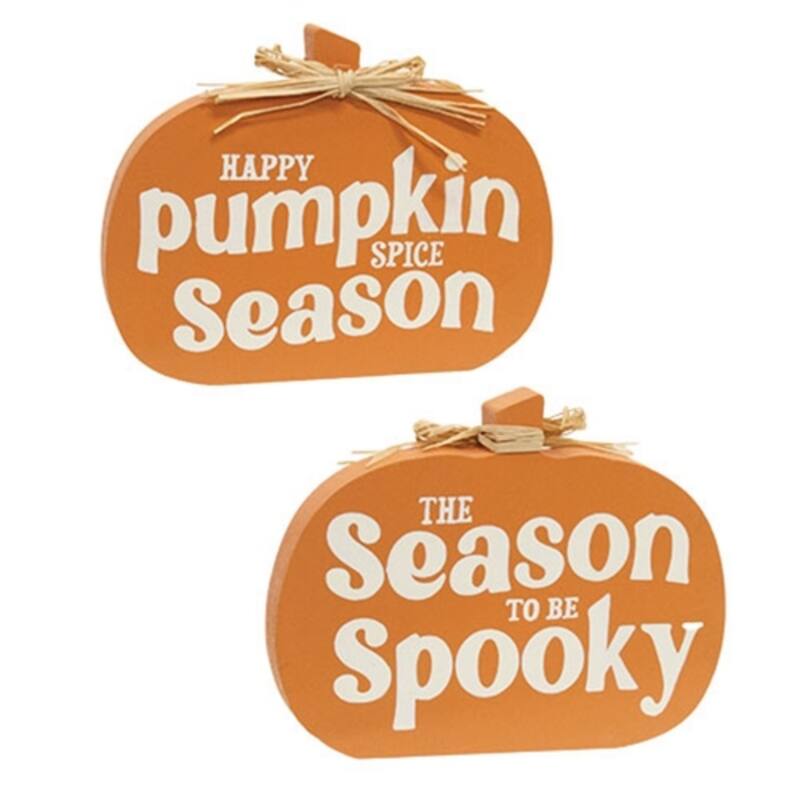 Pumpkin Spice/Spooky Season 2-Sided Wooden Pumpkin Sitter - 6.50" x 0.75" x 5" - Orange-White