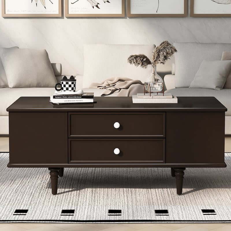 47.2" Modern Coffee Table - Rectangle Wood Table with 4 Drawers & Hidden Storage - Solid Wood Legs for Living Room