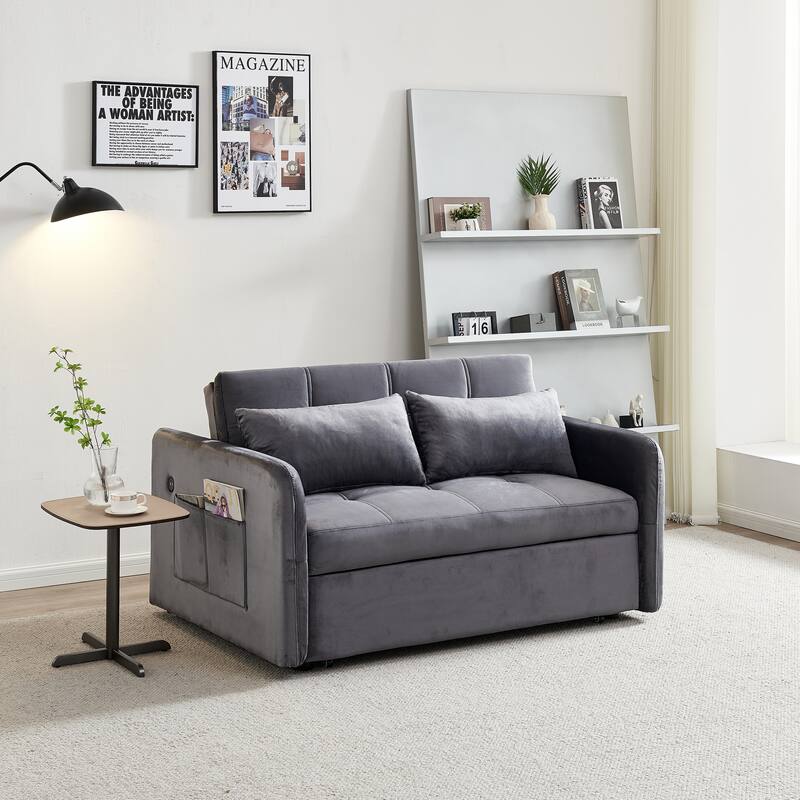 3 in 1 Sleeper Sofa Couch Bed, Pull Out Loveseat with StorageTwins Velvet Convertible Sofa Couch with 2 Pockets & USB Ports