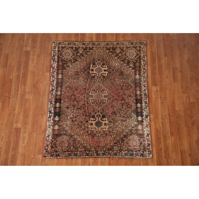 Qashqai Persian Antique Area Rug Hand-Knotted Wool Carpet - 3'9"x 4'10"