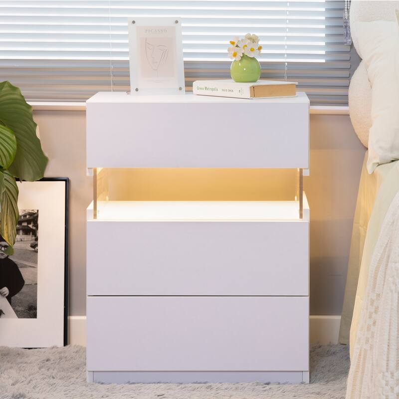 Nightstands with Acrylic Board LED, Bedside Furniture Storage Cabinet, 3 Drawer Side Table for Bedroom End Table - White