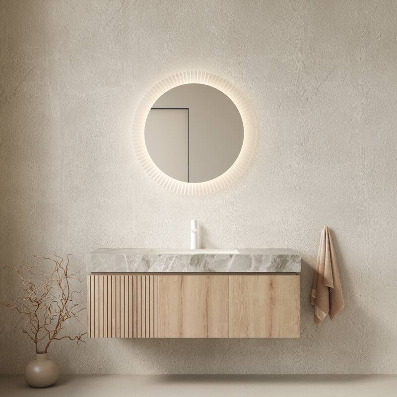 30"/36"/48" Wall-Mounted Bathroom Vanity with Ceramic Sink, Sintered Stone Countertop Floating Bathroom Storage Cabinet - Light Gray,White Oak - 48 Inch