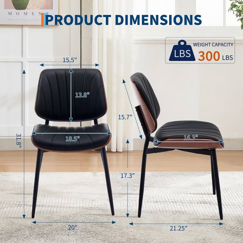 Dining Chairs Set of 2, Modern PU Leather Upholstered Accent Chairs with Shell Strips, Walnut Bentwood Back