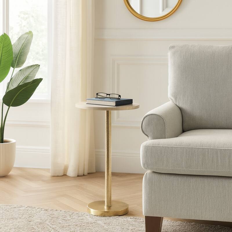 Marble Top Side and End Table with Pedestal Base - 25", Ivory & Gold