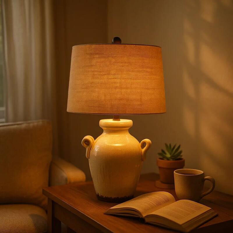Ceramic Table Lamp with Vase Shaped Body and Fabric Shade, White and Beige