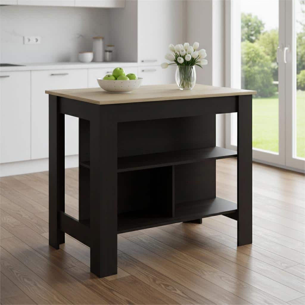 HomeRoots Black and Natural 41" Kitchen Island With Storage - 40.5x27.5x35.4