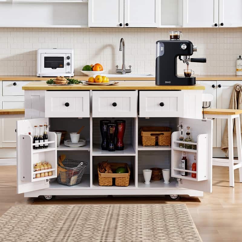 Frost 53inch Large Kitchen Island with Drop Leaf - Portable - White-3 Drawer