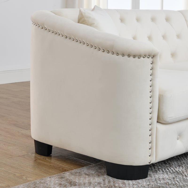3 Seater Velvet Upholstered Sofa with Tufted Back and Nailhead Arms