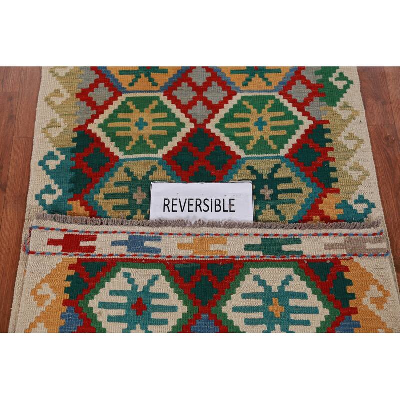 Multicolored Kilim Runner Rug Hand-Woven Geometric Wool Carpet - 2'10" x 16'0"