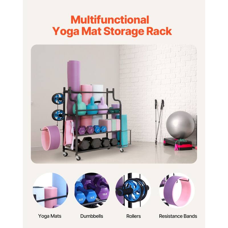 Black Steel Gym Rack with Wheels, 3-Tier Organizer for Equipment Organizer - 41” L x 16” W x 35” H