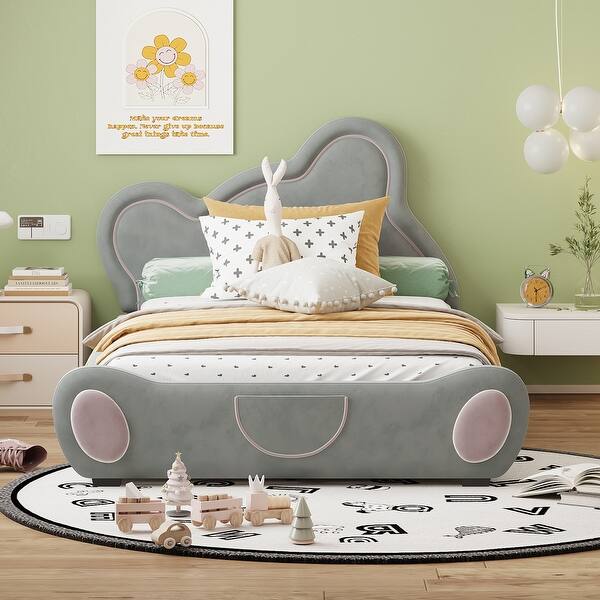 slide 2 of 10, Twin Size Velvet Upholstered Platform Bed with Bear-Shaped Headboard & Bed-End Storage Pocket-Wood Slat Support, Easy Assembly Gray - Twin