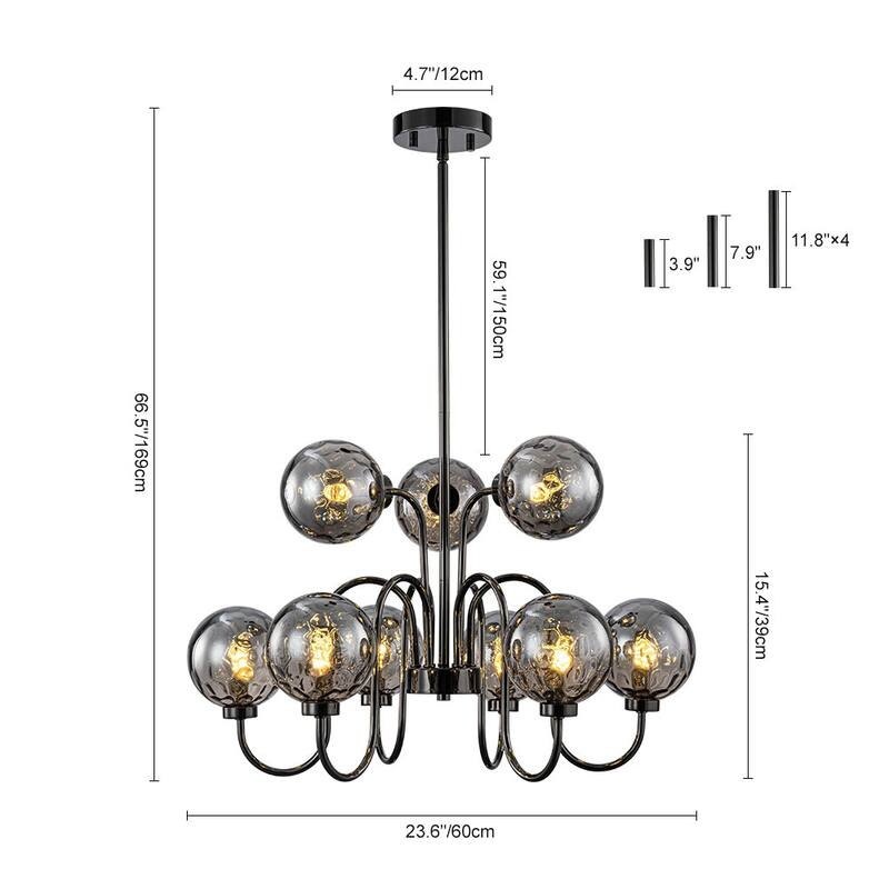 Art Deco 9-Light 2-Tier Smoked Water Glass Bubble Chandelier - 23.6in