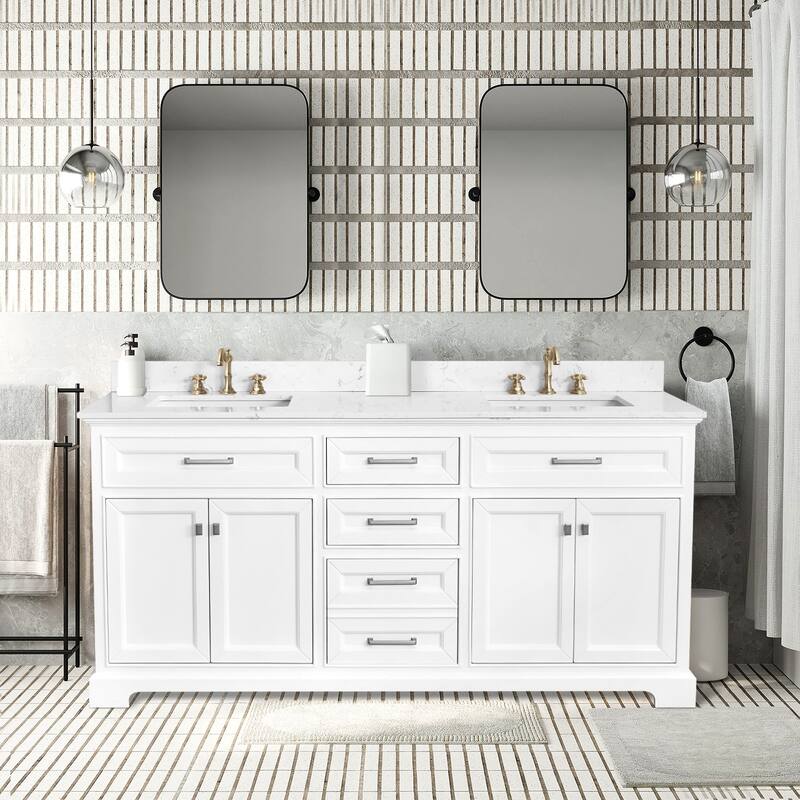 Prismarble Bathroom Vanity 72 in White with Marble Top & Backsplash, Double Sinks