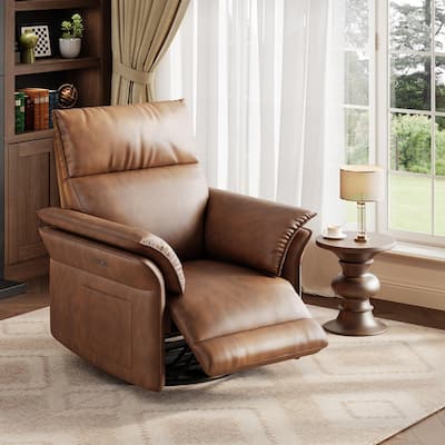 Power Recliner Chair Swivel Glider, Upholstered Faux Leather Nursery Reclining Sofa Chair with Charging Port