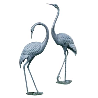 Cast Aluminum Crane Pair Statues Verdigris Finish - 48 X 19 X 10 inches
