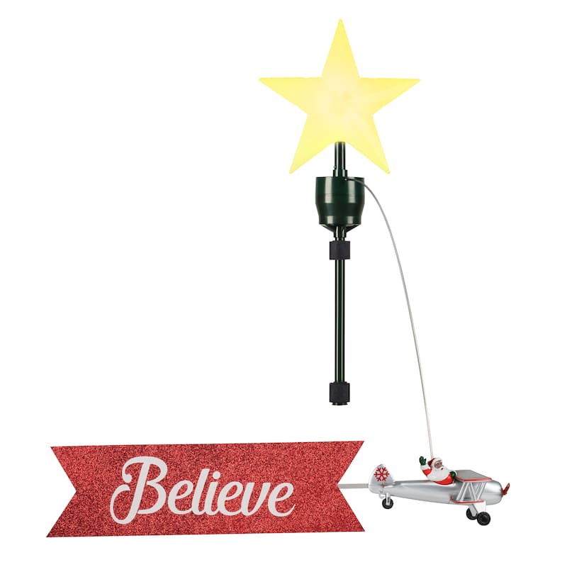 Animated Biplane Tree Topper with Banner - BlackSanta