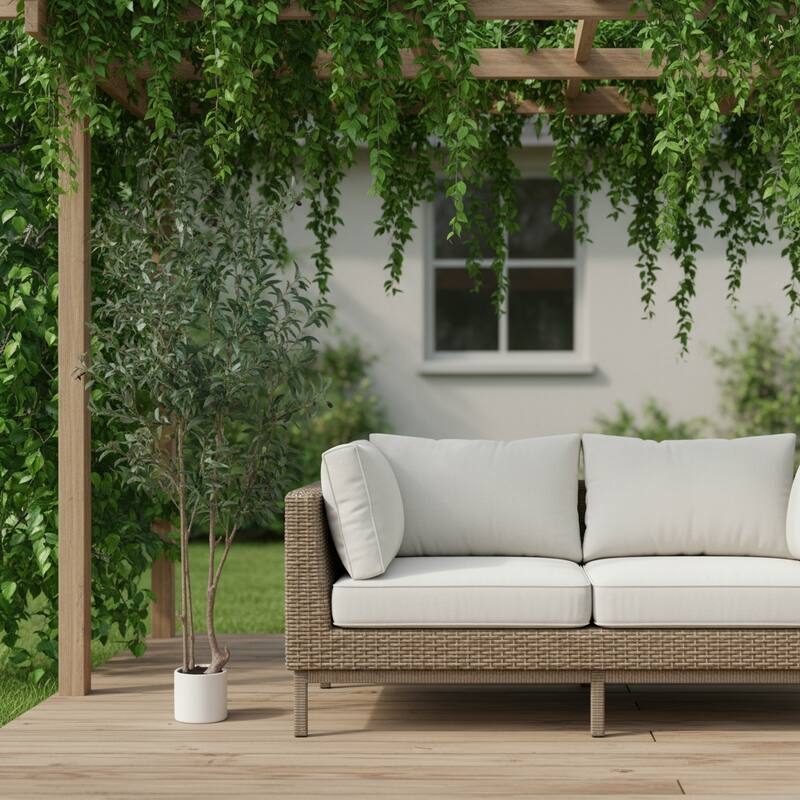 HomeRoots 83" Green Artificial Olive Tree in a White Pot - 7.48 in. x 82.68 in. x 8.27 in. - Green - 7.48 in. x 82.68 in.  x 8.27 in.