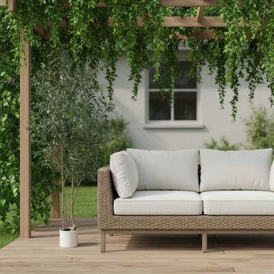 HomeRoots 83" Green Artificial Olive Tree in a White Pot - 7.48 in. x 82.68 in. x 8.27 in.