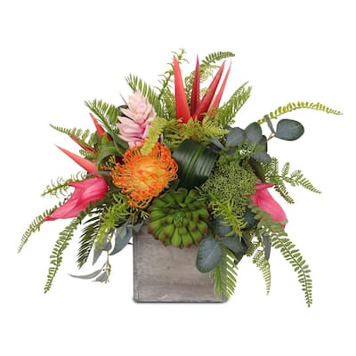 Assorted Tropical Flowers and Greens Silk Flower Arrangement in Pot - 13W x13D x 15H