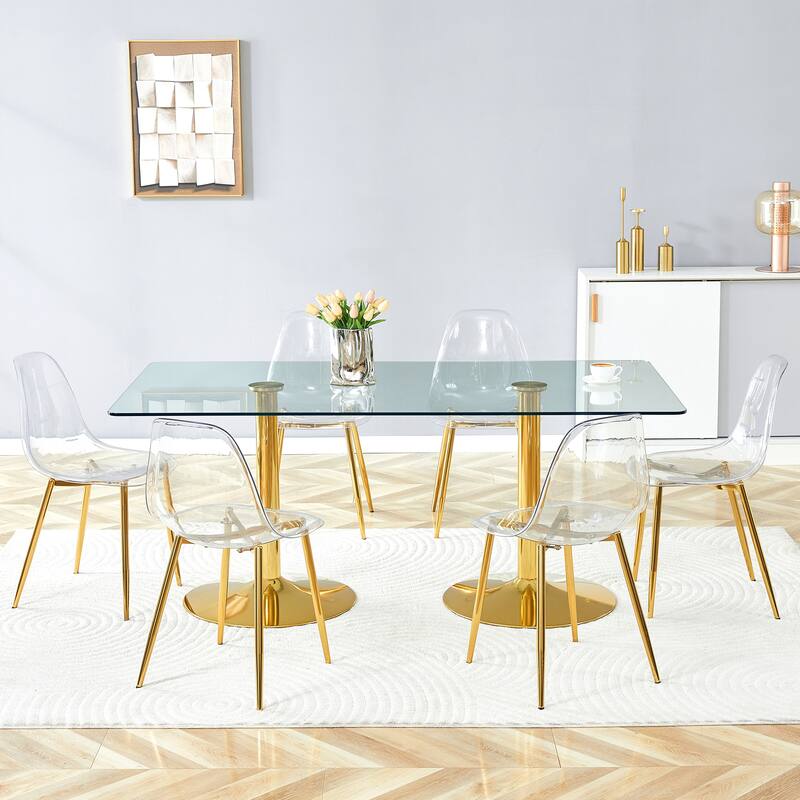 71" Dining Table Set for 6-8, Rectangular Kitchen Table with Transparent Plastic Chairs, Modern Glass Dining Room Table Set