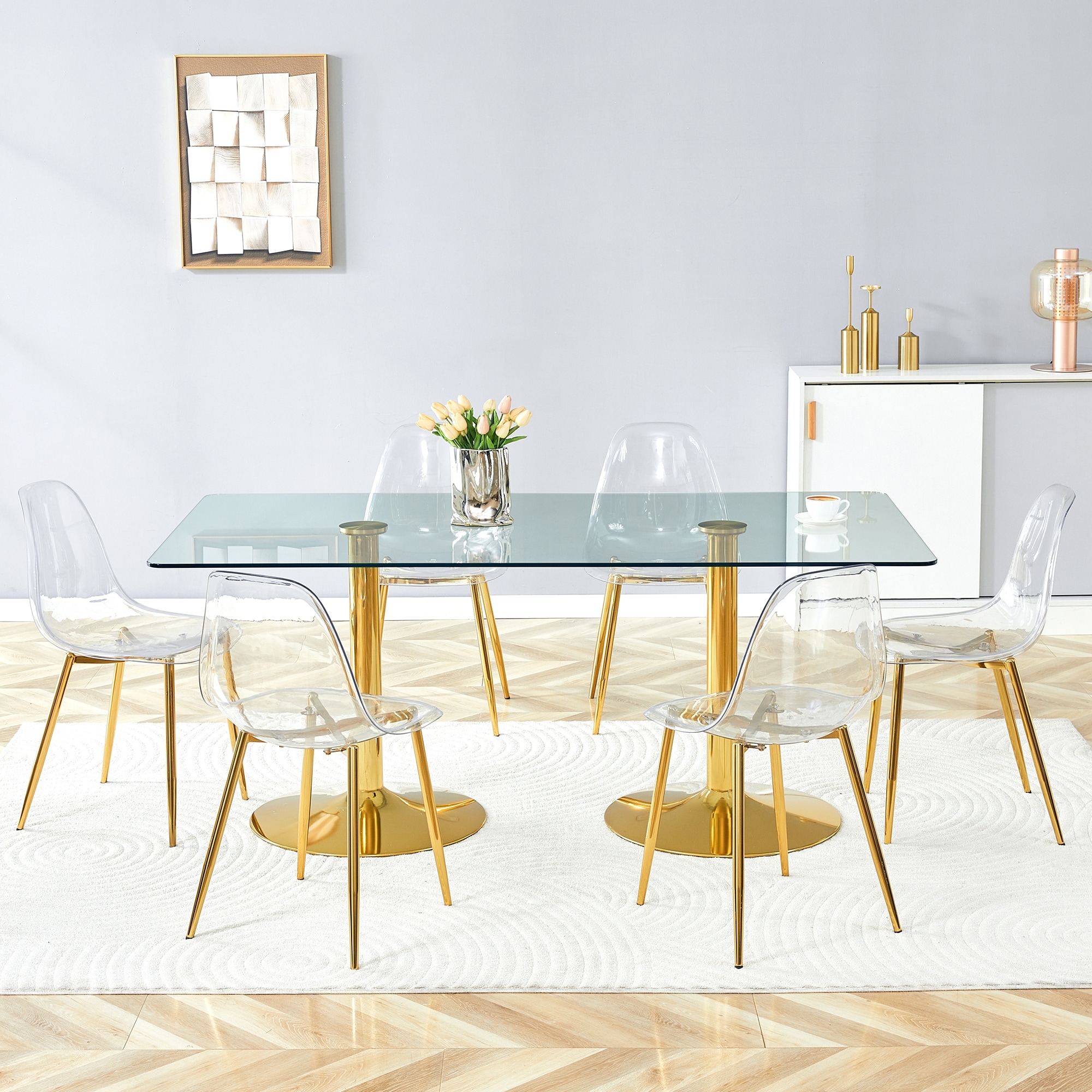 Tempered Glass Dining Table Set With Six Transparent Plastic Chairs, Golden Metal Legs, Comfortable Experience