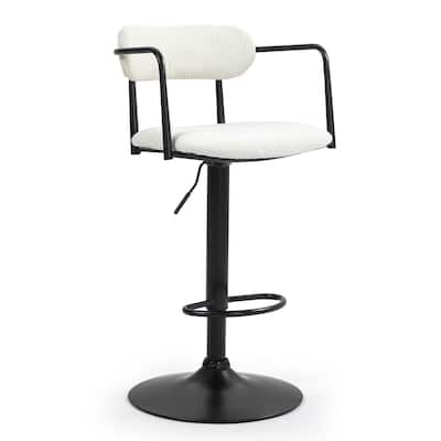 Bedivere Beige Boucle Fabric Adjustable Swivel Bar Stool with Black Iron Arms and Pedestal Leg