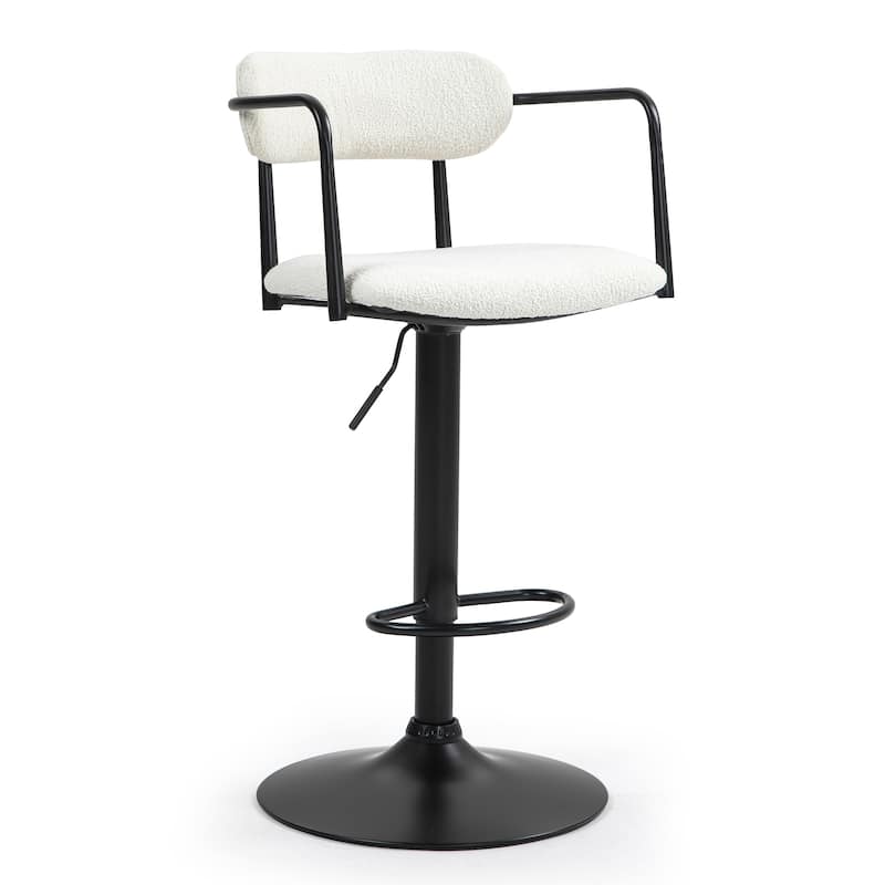 Bedivere Beige Boucle Fabric Adjustable Swivel Bar Stool with Black Iron Arms and Pedestal Leg