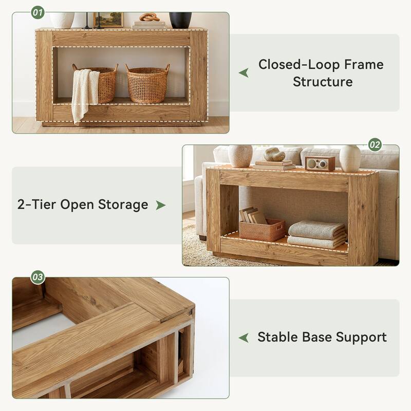 59" Solid Wood Entryway Table, 2-Tier Console Table with Open Storage