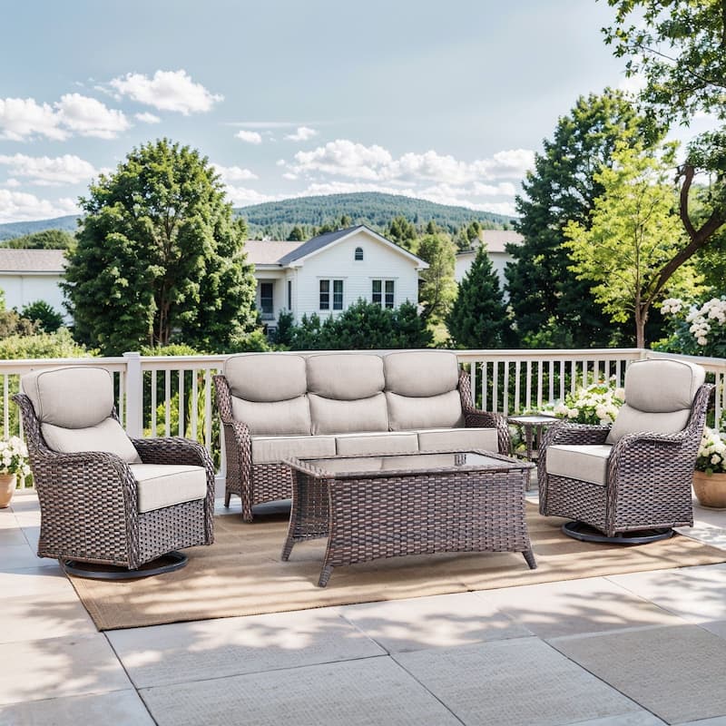 Pocassy Outdoor Sofa Patio Swivel Chairs Sets - Brown Wicker Beige Cushion - S-a Swivel Chair with Table Set - 5PCS