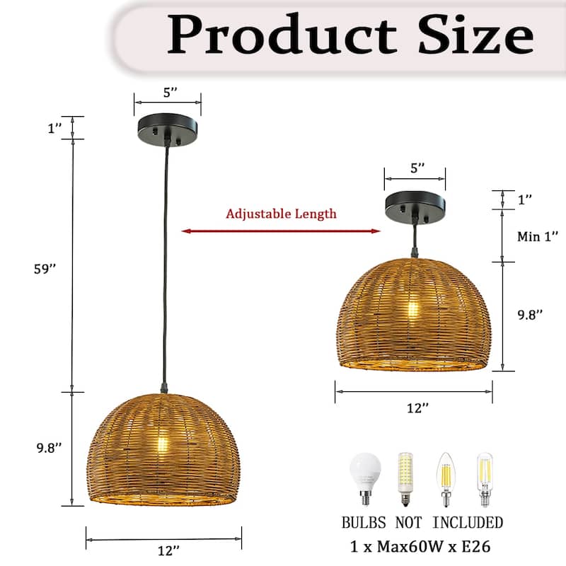 OB-1-Light Handcrafted Natural Rattan Dome Rustic Farmhouse Pendant Light Coastal Beach Rope Woven Hanging Lamp - W12''
