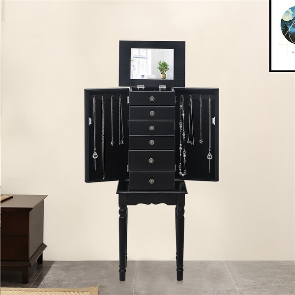 Standing Jewelry Armoire with Mirror, 5 Drawers & 6 Necklace Hooks. Opens flyout.