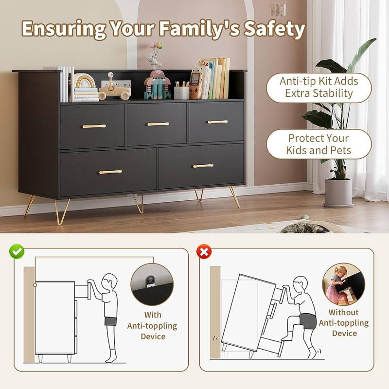 5 Drawer Dresser TV Stand for Bedroom with Charging Station & LED Lights
