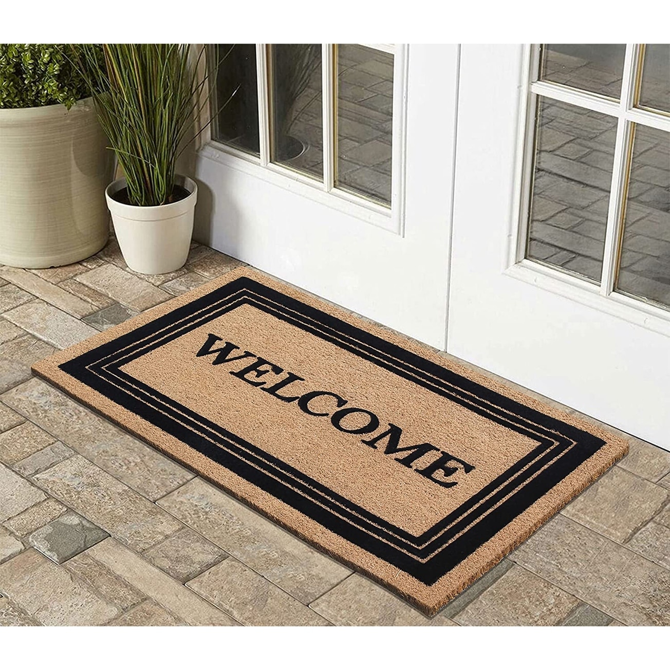 Non Slip Rubber Door Mat With Coir Inserts Welcome Floor Entrance