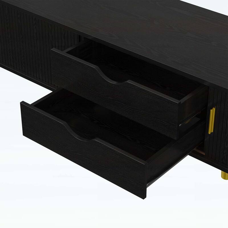 Mid-Century Wooden Oval Fluted TV Stand with Charging Station,Sliding Tambour Door