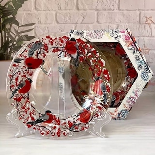 STP Goods Bullfinches Winter Fun Glass Dessert Plate Set of 6 - 7.5"