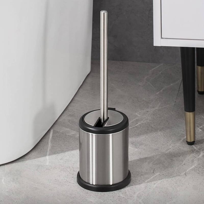 Bath Toilet Bowl Brush Holder with Folding Lid Stainless Steel - 15 inches H x 4.8" Diam