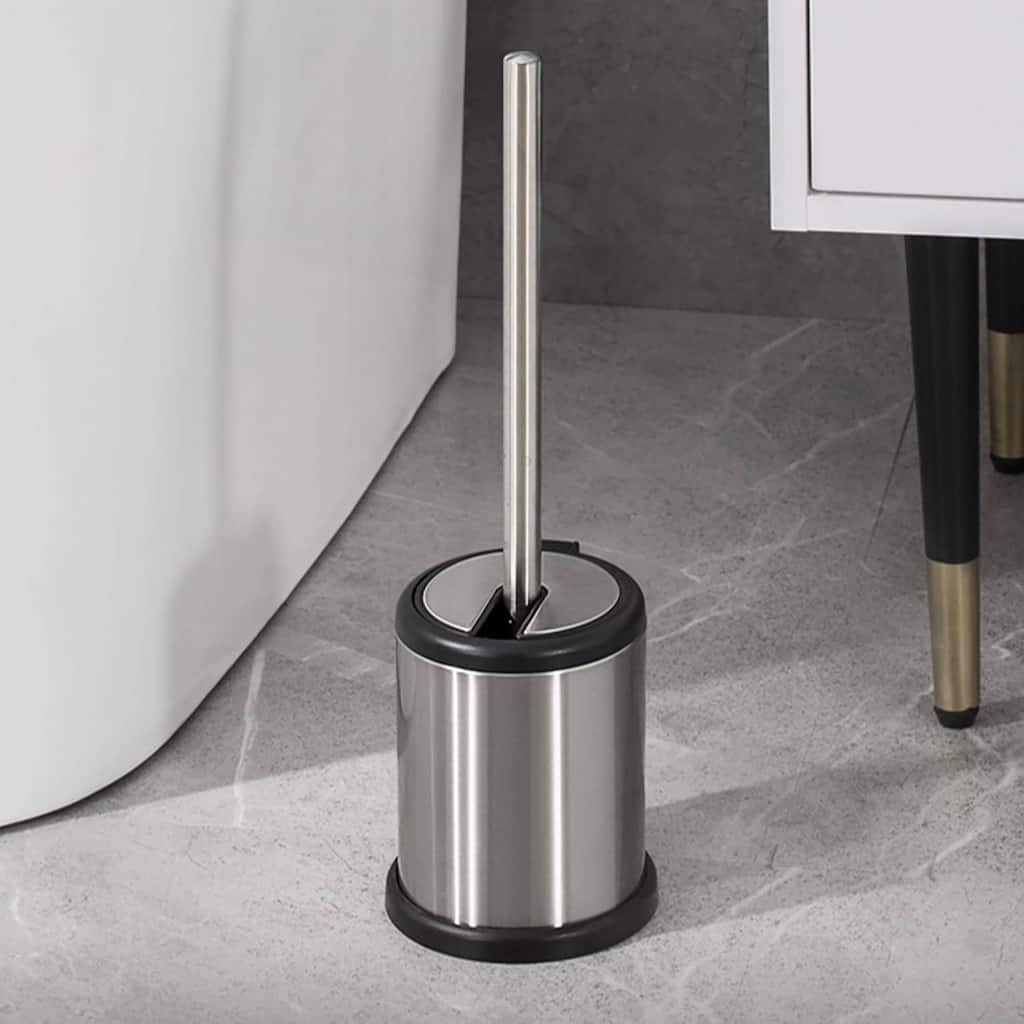 Bath Toilet Bowl Brush Holder with Folding Lid Stainless Steel - 15 inches H x 4.8" Diam