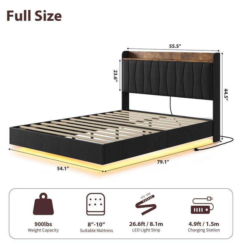 Full/Queen/King Floating Bed Frame with LED Lights & Charging Station, Upholstered Platform Bed with Storage Headboard
