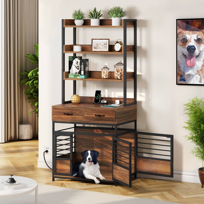 Dog Crate Furniture with Storage Shelves And Charging Station