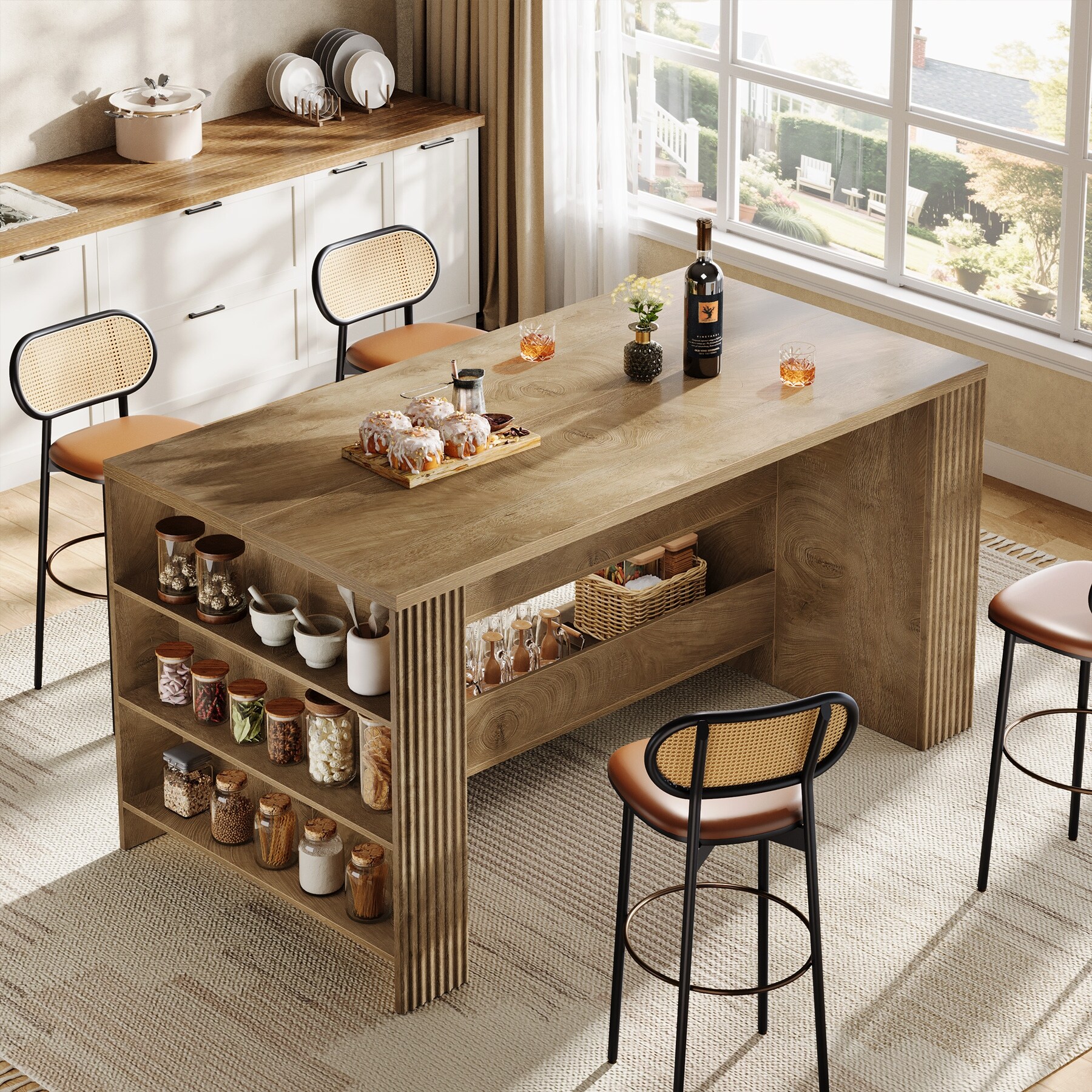 59 Inch Bar Table with Storage Shelves, Farmhouse Wooden Counter