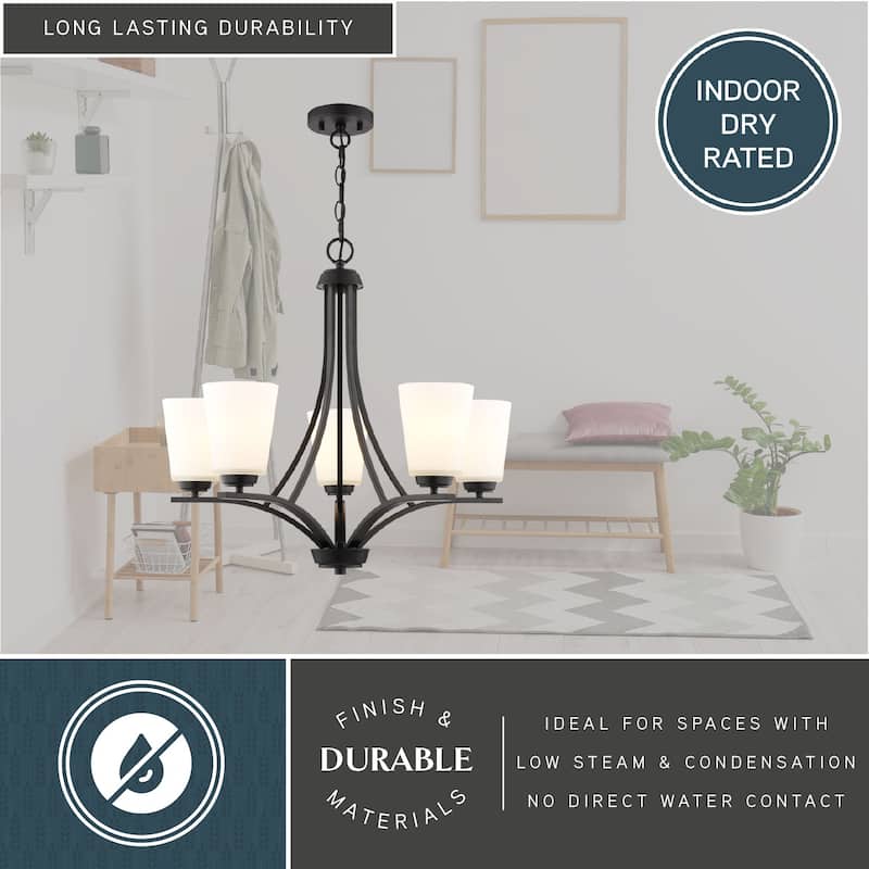 VAXCEL River Grove 5-Light Matte Black Chandelier, Frosted White Glass Shades, Adjustable Height Hanging Ceiling Fixture